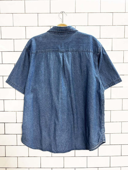 vintage 90s casual cove cat embroidered denim shirt - good market thrift store