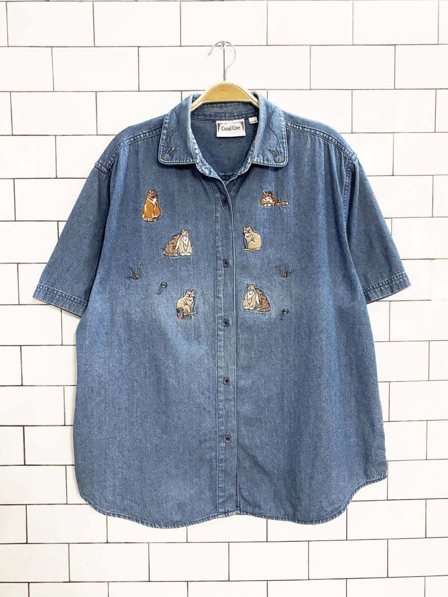 vintage 90s casual cove cat embroidered denim shirt - good market thrift store