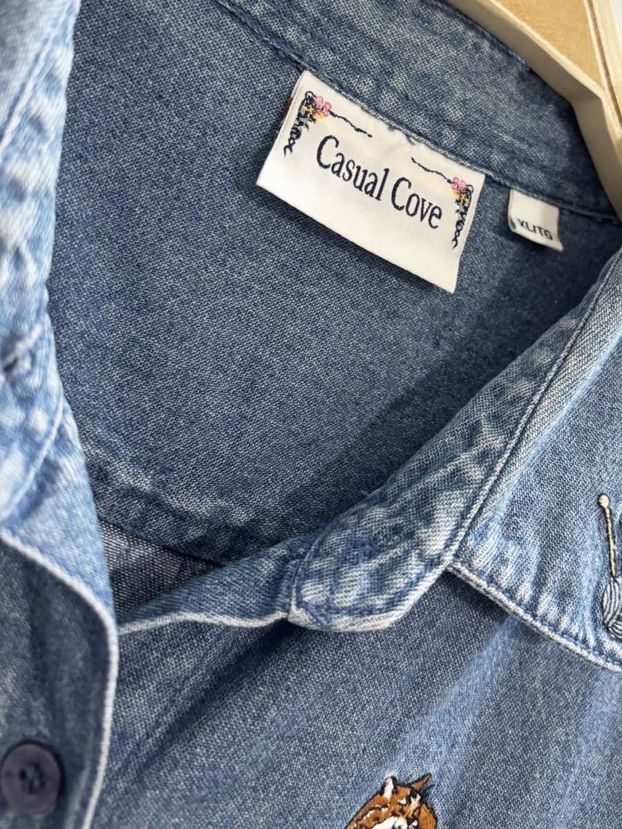 vintage 90s casual cove cat embroidered denim shirt - good market thrift store