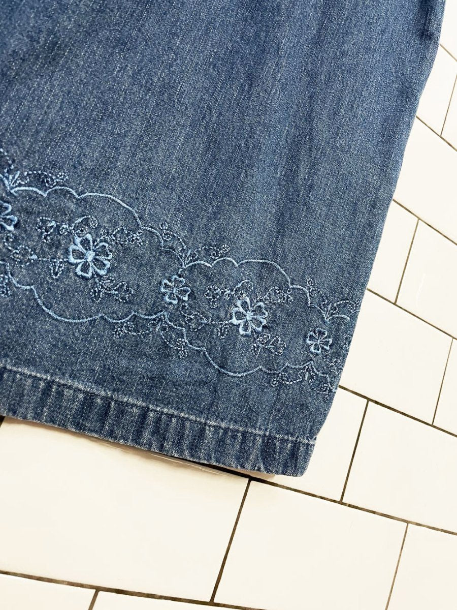 vintage 90s cherokee embroidered sleeveless denim midi dress - good market thrift store