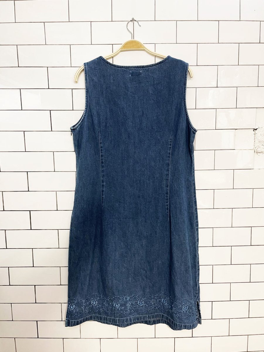 vintage 90s cherokee embroidered sleeveless denim midi dress - good market thrift store