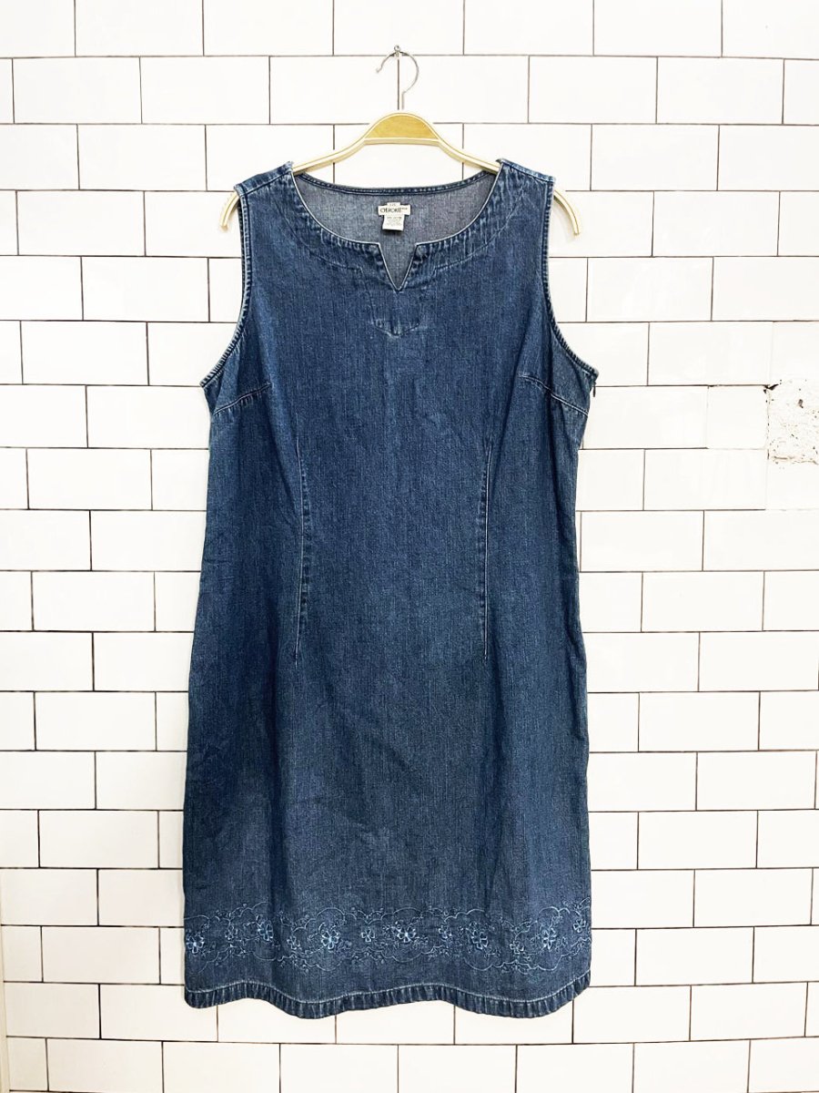 vintage 90s cherokee embroidered sleeveless denim midi dress - good market thrift store