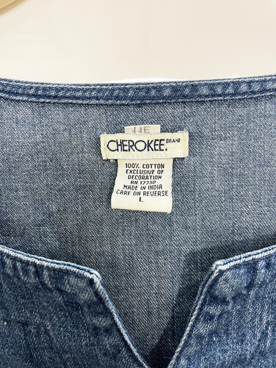 vintage 90s cherokee embroidered sleeveless denim midi dress - good market thrift store