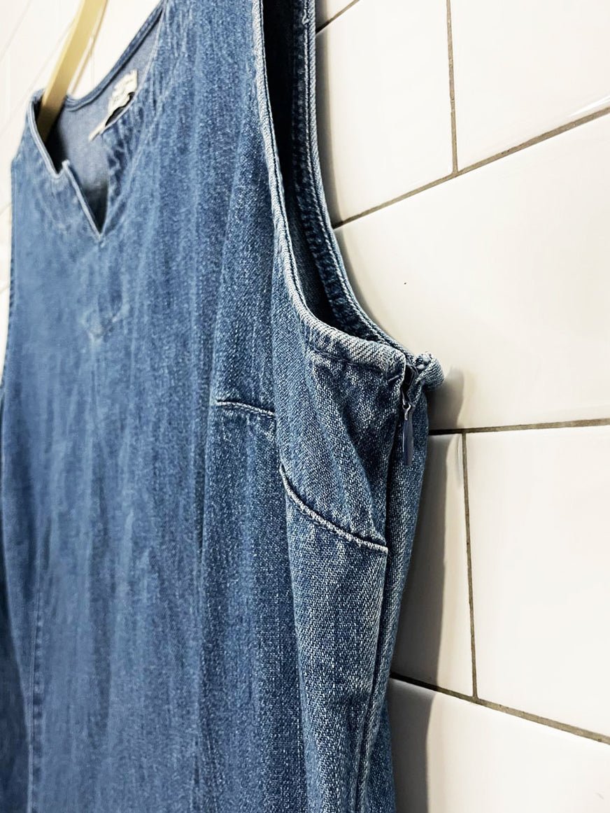 vintage 90s cherokee embroidered sleeveless denim midi dress - good market thrift store