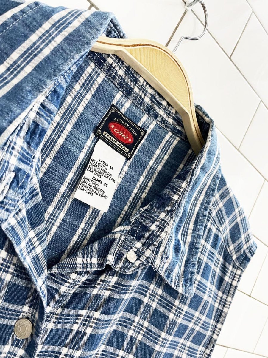 vintage 90s chic plaid denim sleeveless full button shirt - good market thrift store