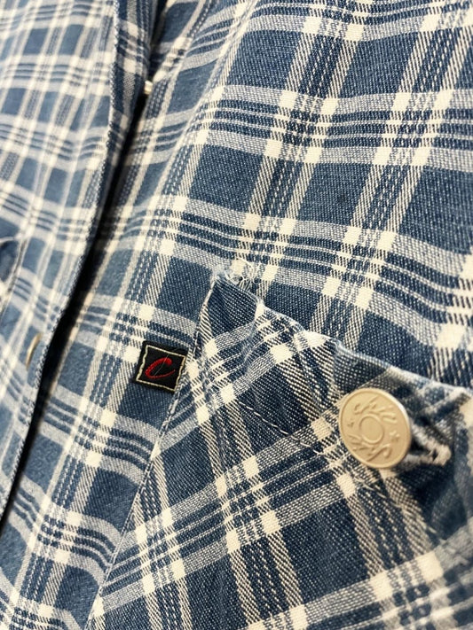 vintage 90s chic plaid denim sleeveless full button shirt - good market thrift store