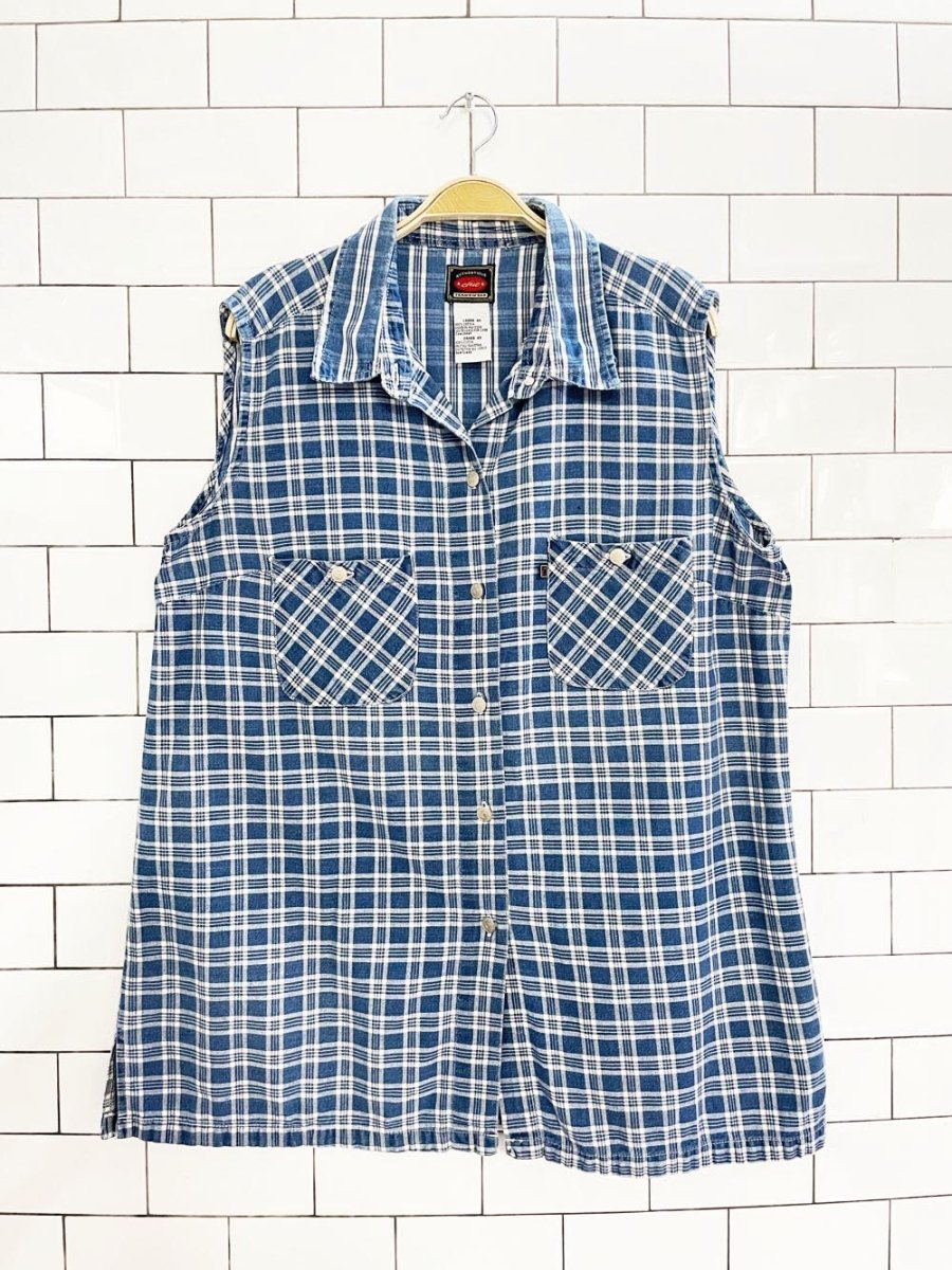 vintage 90s chic plaid denim sleeveless full button shirt - good market thrift store