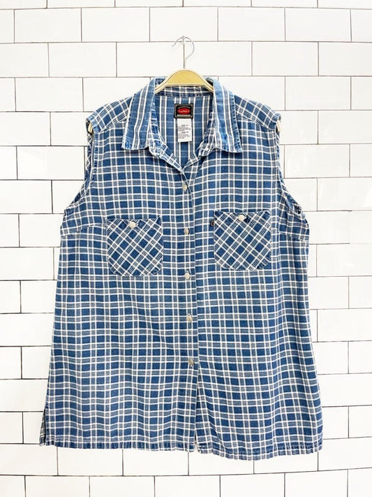 vintage 90s chic plaid denim sleeveless full button shirt - good market thrift store