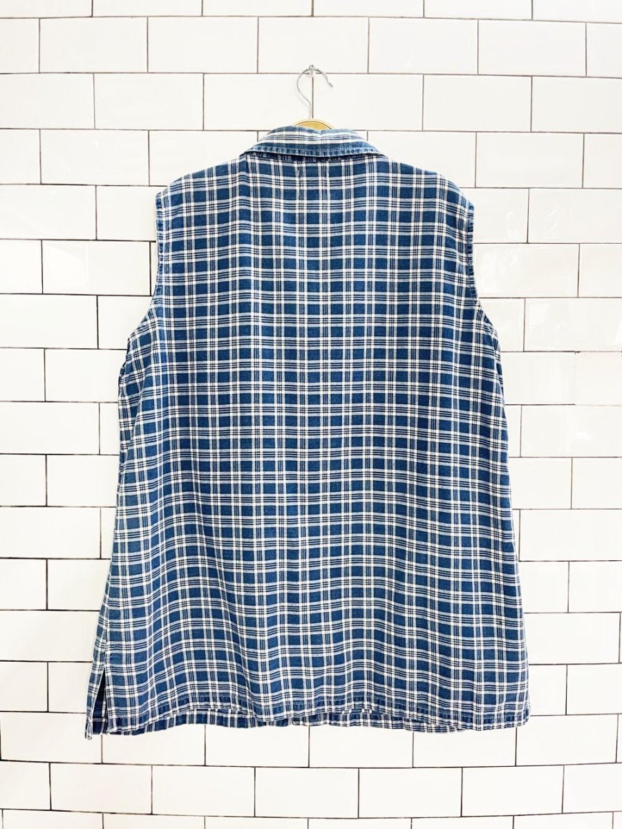 vintage 90s chic plaid denim sleeveless full button shirt - good market thrift store