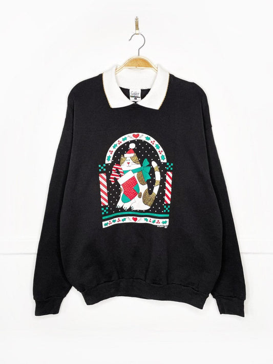 vintage 90s christmas cat collared sweatshirt | made in USA - good market thrift store