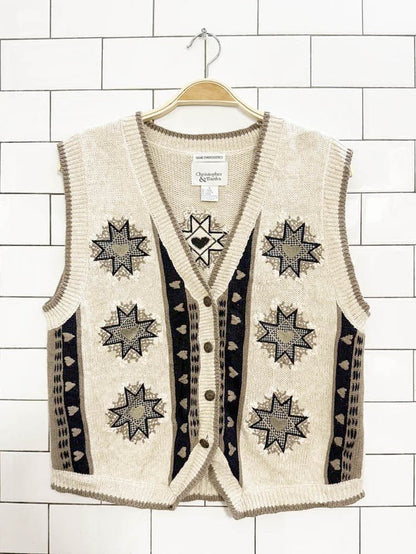 vintage 90s christopher & banks hand - embroidered country hearts knit vest - good market thrift store