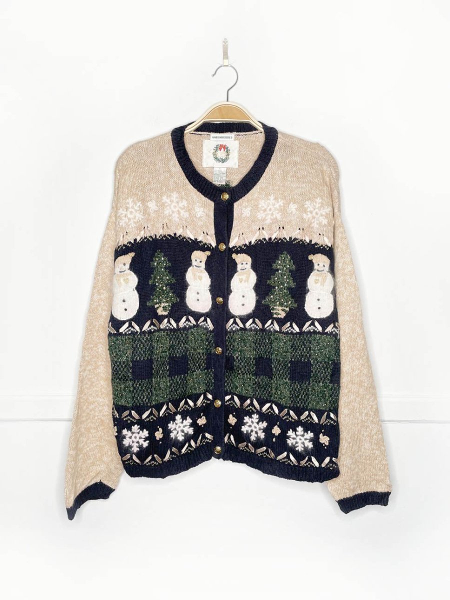 vintage 90s christopher & banks hand - embroidered snowmen knit cardigan - good market thrift store