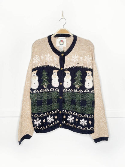 vintage 90s christopher & banks hand - embroidered snowmen knit cardigan - good market thrift store