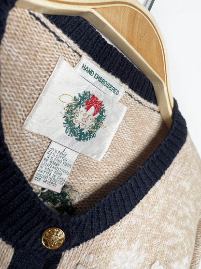 vintage 90s christopher & banks hand - embroidered snowmen knit cardigan - good market thrift store