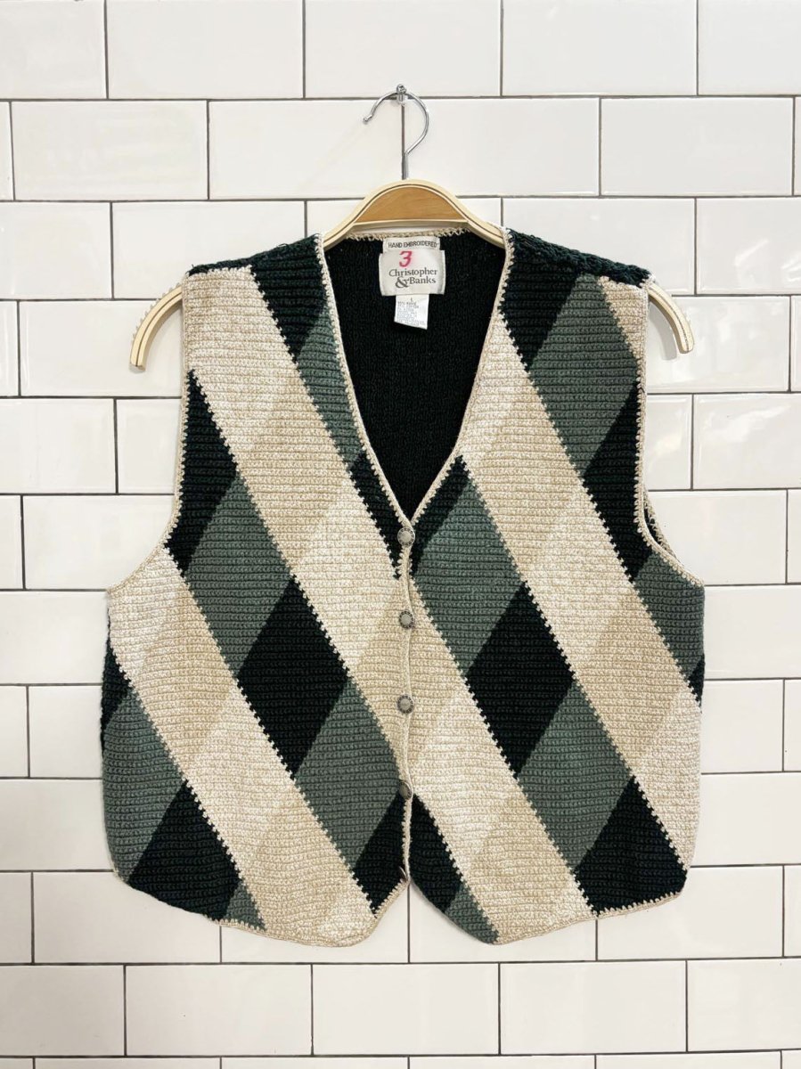 vintage 90s christopher & banks hand - knit argyle sweater vest - good market thrift store