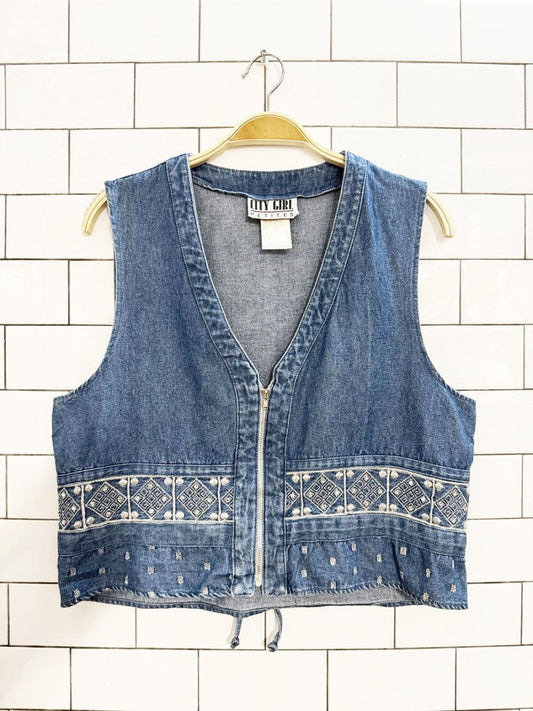 vintage 90s city girl full vip embroidered denim vest top - good market thrift store
