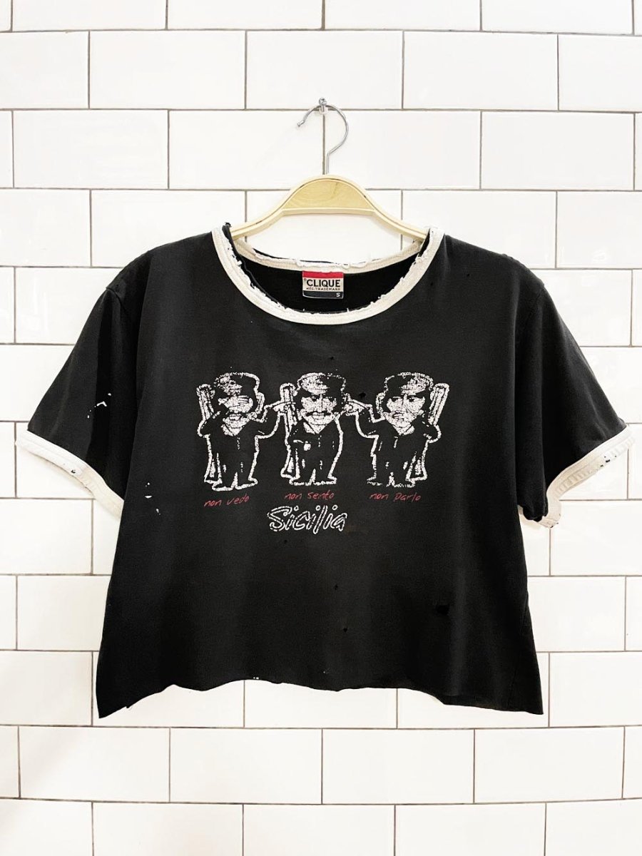 vintage 90s clique italian graphic cropped baby ringer tee - good market thrift store