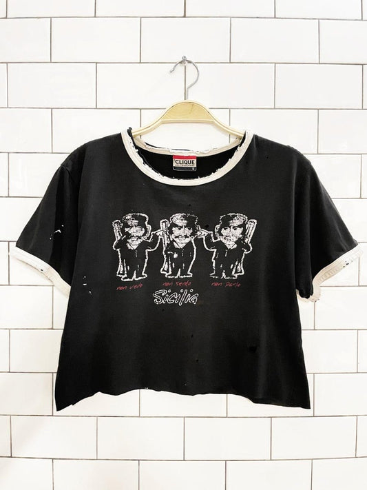 vintage 90s clique italian graphic cropped baby ringer tee - good market thrift store