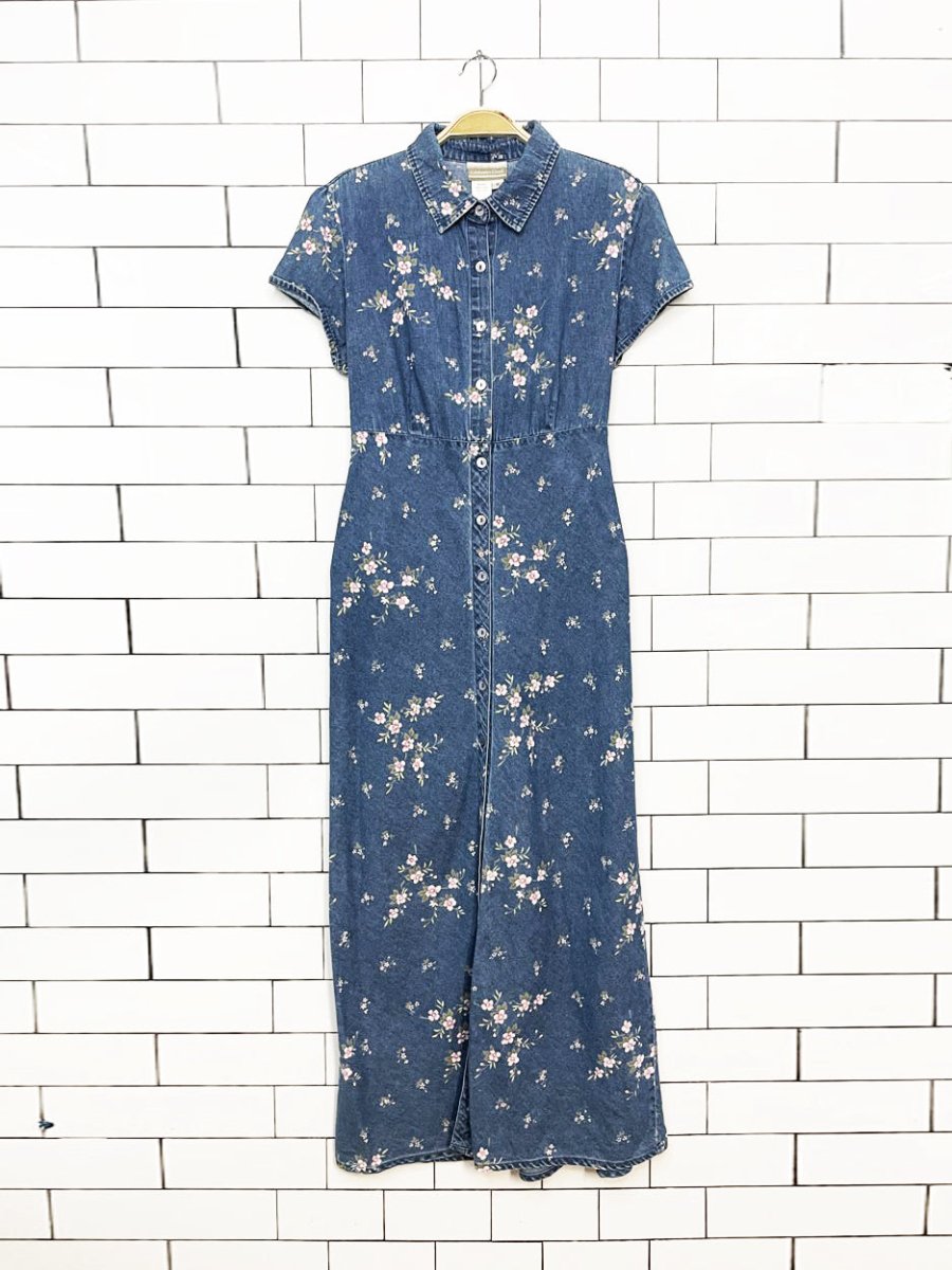 vintage 90s coldwater creek floral fitted full button denim maxi dress - good market thrift store