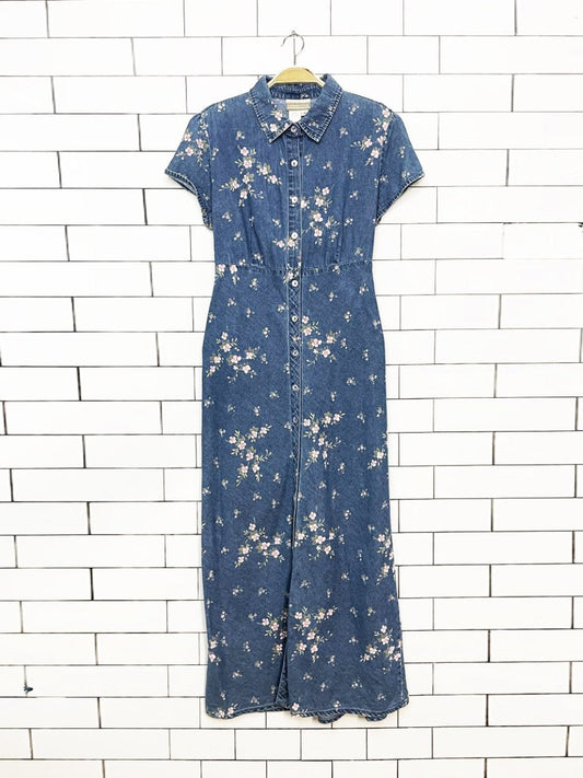 vintage 90s coldwater creek floral fitted full button denim maxi dress - good market thrift store