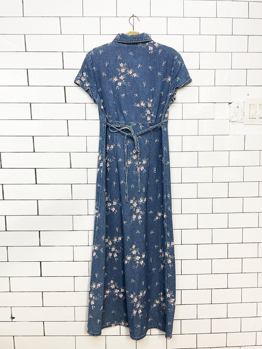 vintage 90s coldwater creek floral fitted full button denim maxi dress - good market thrift store