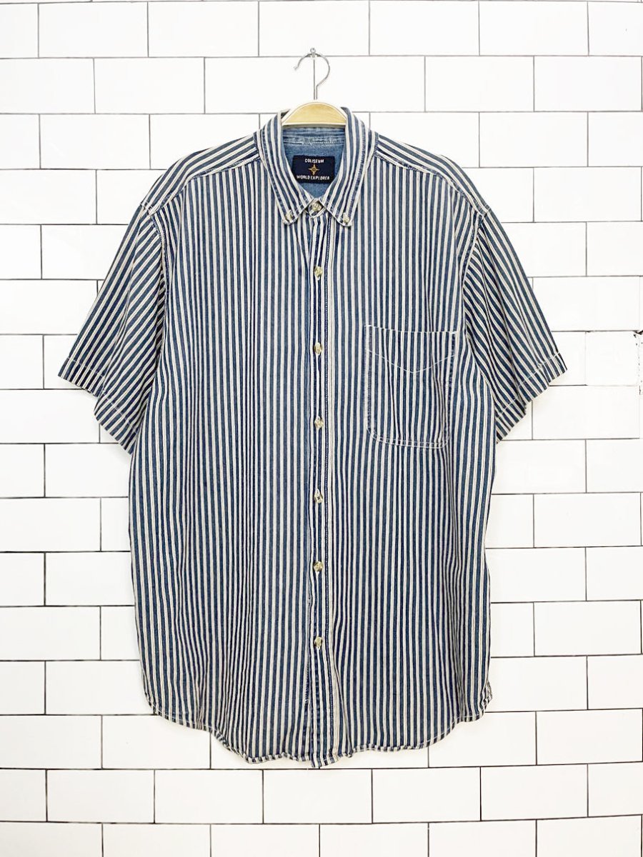vintage 90s coliseum world explorer blue stripe full button denim shirt - good market thrift store