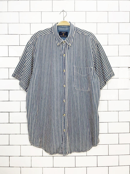 vintage 90s coliseum world explorer blue stripe full button denim shirt - good market thrift store