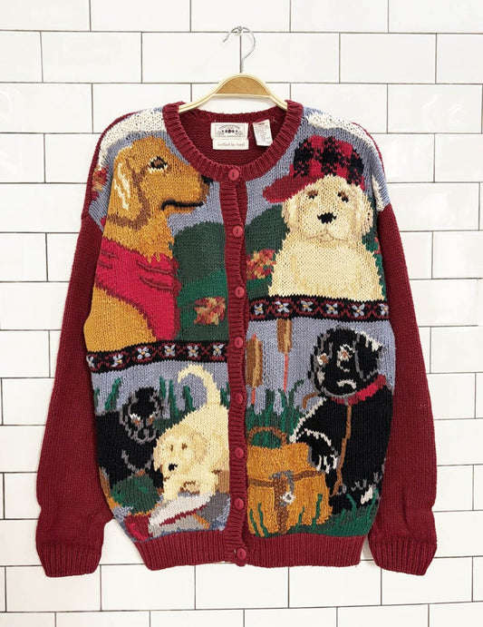 vintage 90s countryside classics hand - knit dogs cardigan - good market thrift store