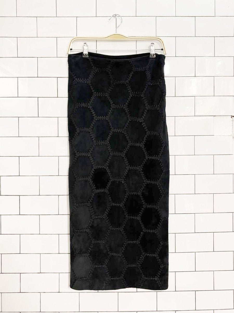 vintage 90s danier boho crochet patchwork suede maxi skirt | leather - good market thrift store