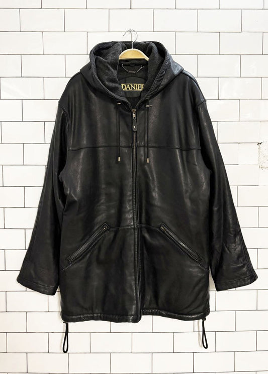 vintage 90s danier butter leather full zip hooded jacket | wool - blend lined - good market thrift store