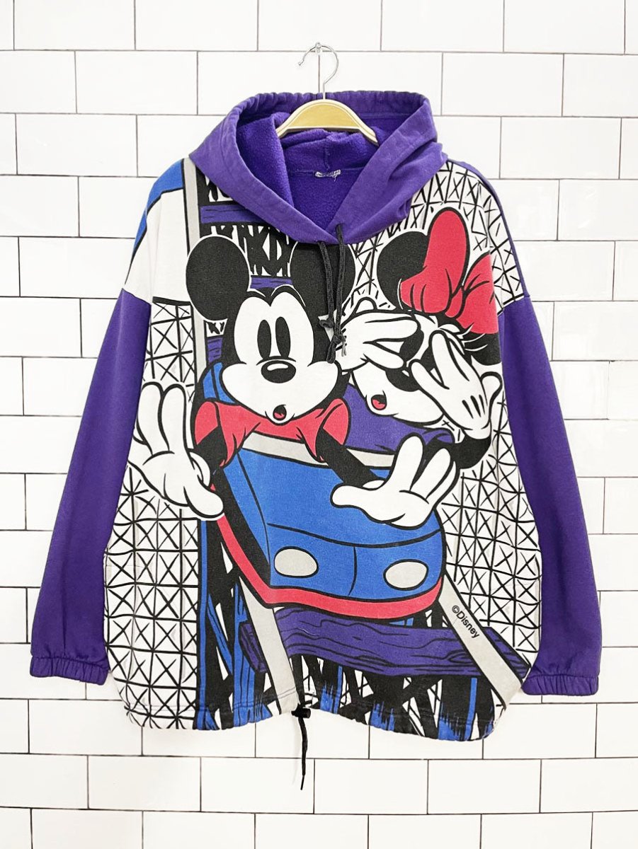 vintage 90s disney mickey + minnie mouse rollercoaster all over print hoodie - good market thrift store