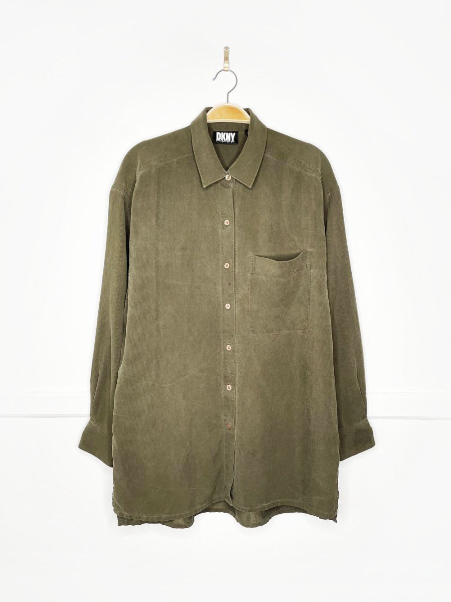 vintage 90s dkny 100% silk ribbed oversized full button shirt - good market thrift store