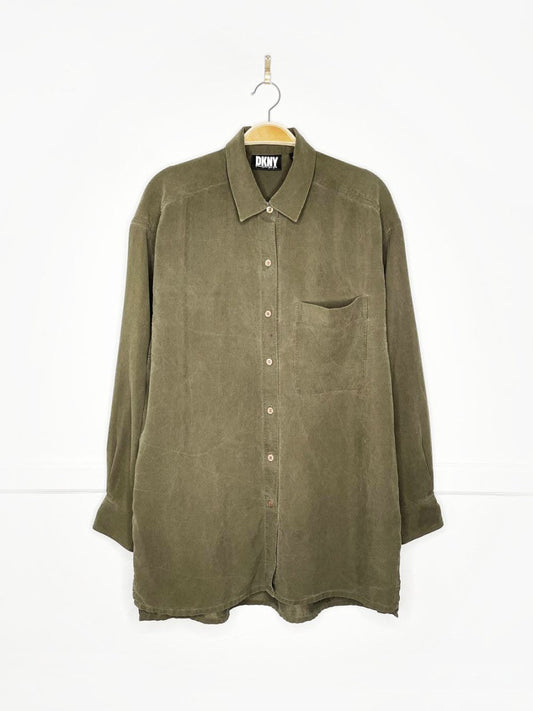 vintage 90s dkny 100% silk ribbed oversized full button shirt - good market thrift store