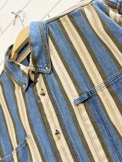 vintage 90s docker striped double breast pocket denim shirt - good market thrift store