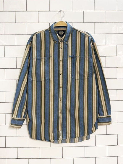 vintage 90s docker striped double breast pocket denim shirt - good market thrift store