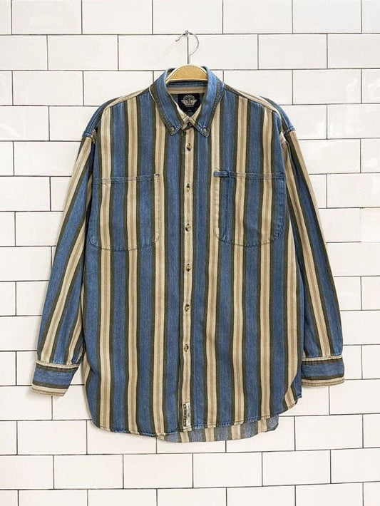 vintage 90s docker striped double breast pocket denim shirt - good market thrift store