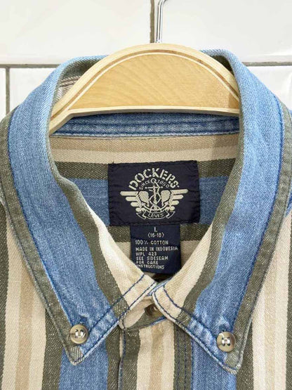 vintage 90s docker striped double breast pocket denim shirt - good market thrift store