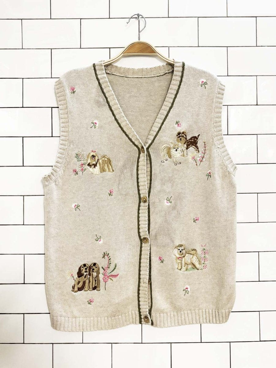 vintage 90s dog embroidered knit sweater vest - good market thrift store