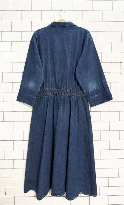 vintage 90s dreams snap button cinched waist denim midi dress - good market thrift store