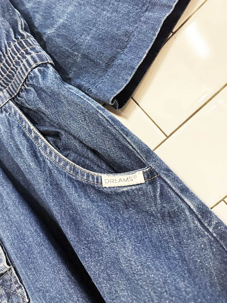 vintage 90s dreams snap button cinched waist denim midi dress - good market thrift store