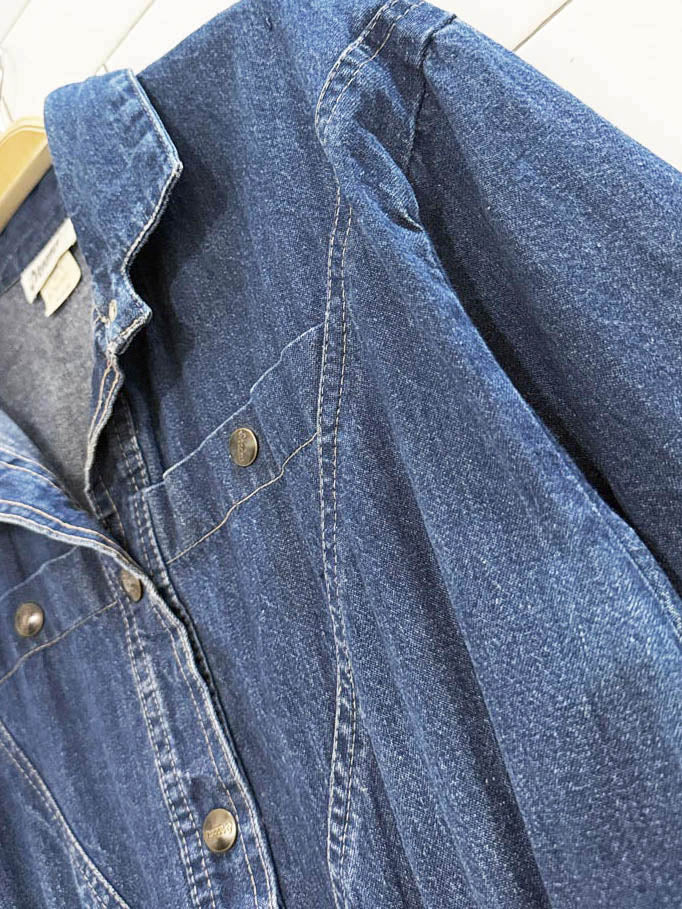 vintage 90s dreams snap button cinched waist denim midi dress - good market thrift store