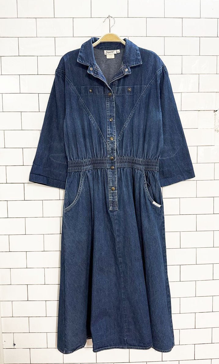 vintage 90s dreams snap button cinched waist denim midi dress - good market thrift store