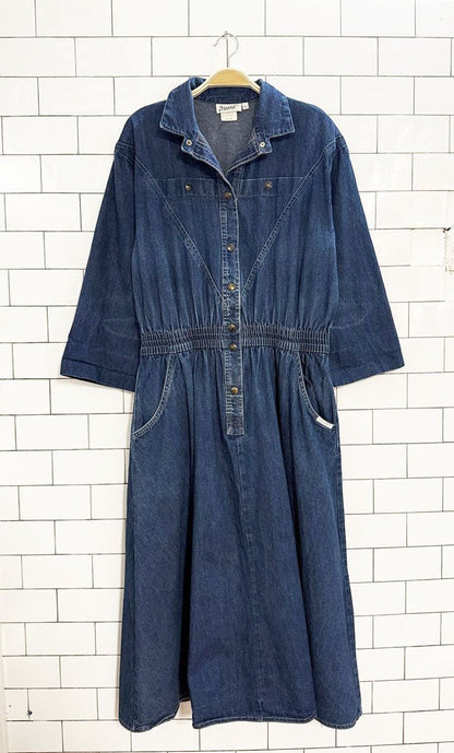 vintage 90s dreams snap button cinched waist denim midi dress - good market thrift store