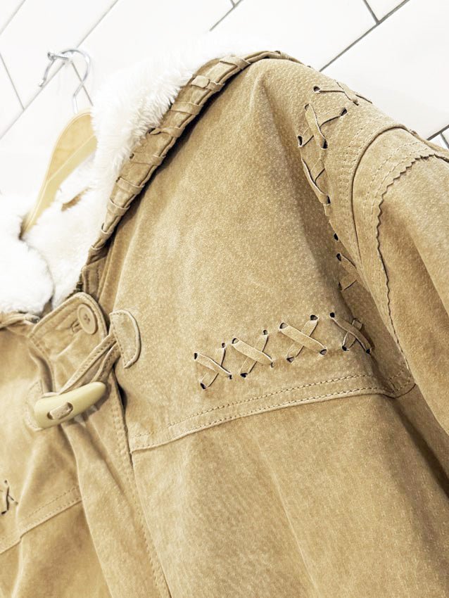 vintage 90s easywear suede whip stitch drawstring toggle coat | leather - good market thrift store