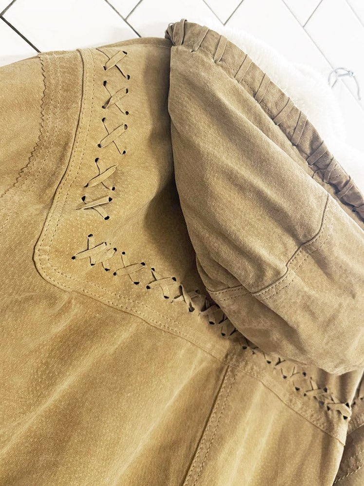 vintage 90s easywear suede whip stitch drawstring toggle coat | leather - good market thrift store