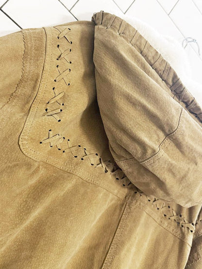 vintage 90s easywear suede whip stitch drawstring toggle coat | leather - good market thrift store