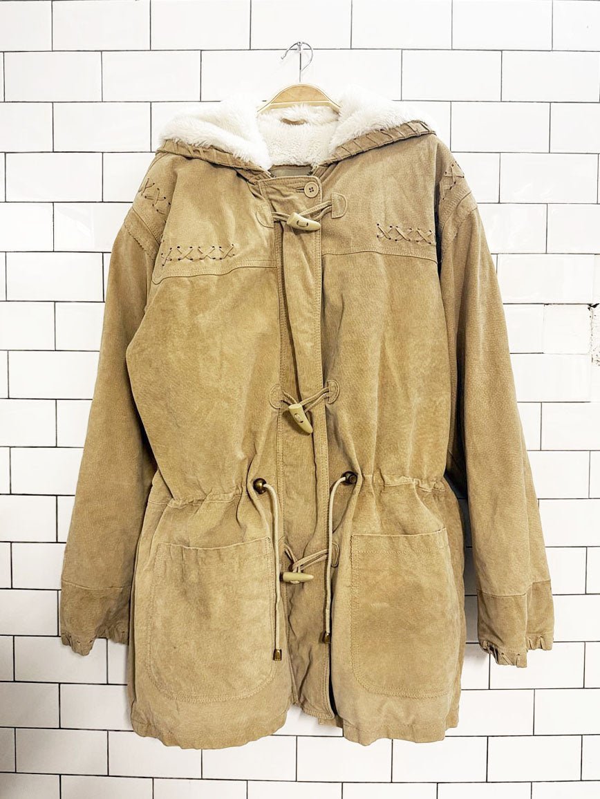 vintage 90s easywear suede whip stitch drawstring toggle coat | leather - good market thrift store