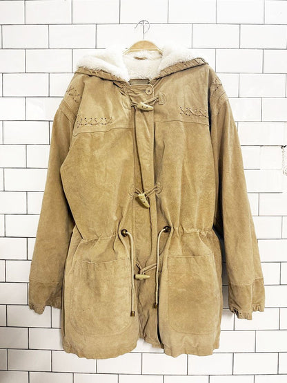 vintage 90s easywear suede whip stitch drawstring toggle coat | leather - good market thrift store