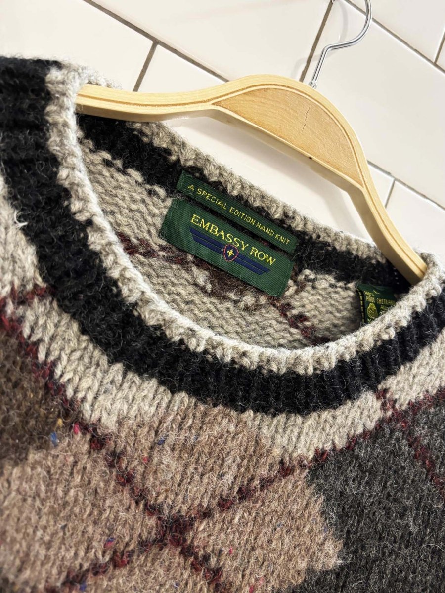 vintage 90s embassy row 100% wool hand - knit argyle sweater - good market thrift store