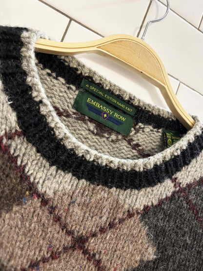 vintage 90s embassy row 100% wool hand - knit argyle sweater - good market thrift store